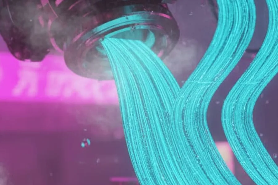 Detalle: Un cabezal de impresión 3D extruyendo filamento brillante en un taller iluminado con neón