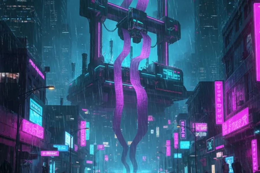Detail: Glowing neon signs on buildings along a rainy city street at night