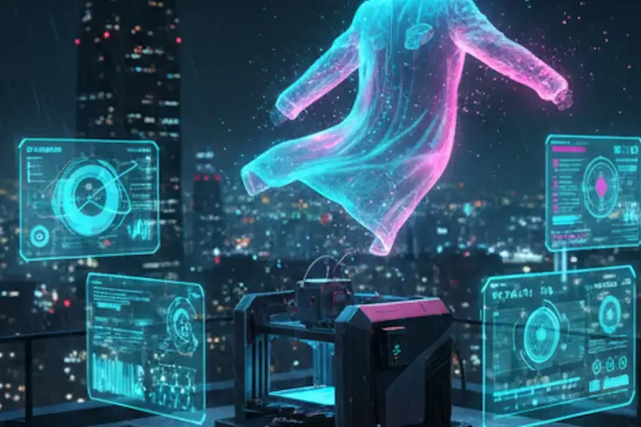 Detail: A holographic design hovering over a rooftop workstation at night
