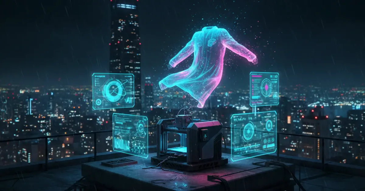 A holographic design hovering over a rooftop workstation at night
