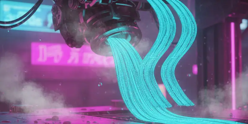 Glowing cyan filament flowing from a 3D printer nozzle under neon light