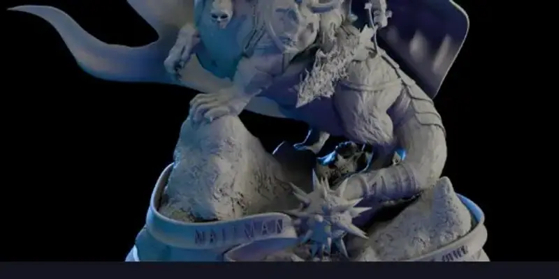A sculpted fantasy character figure in grey primer