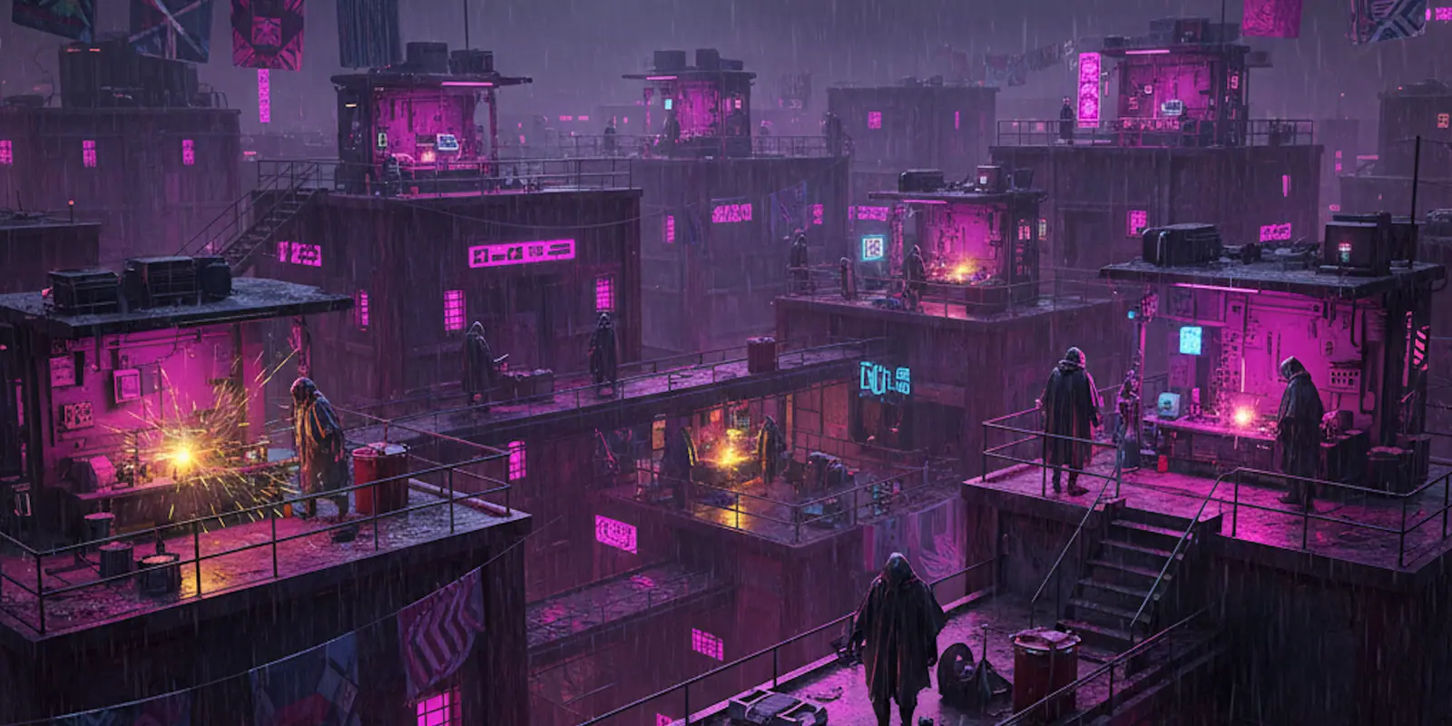 Makers' rooftop studios lit up at night
