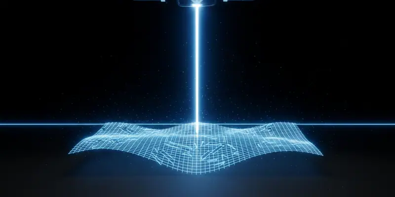 A machine head tracing a toolpath across a wireframe surface