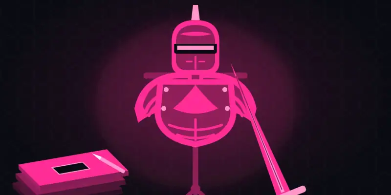 Illustration of a cosplay helmet and armour on a stand beside a prop sword
