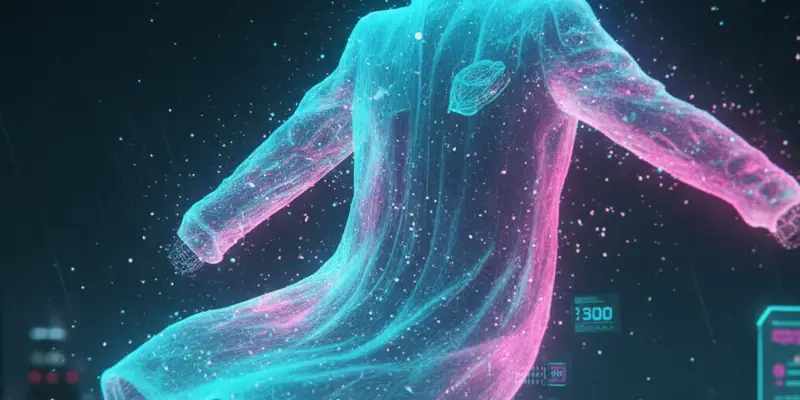 A glowing, stitched garment floating in a dark workshop