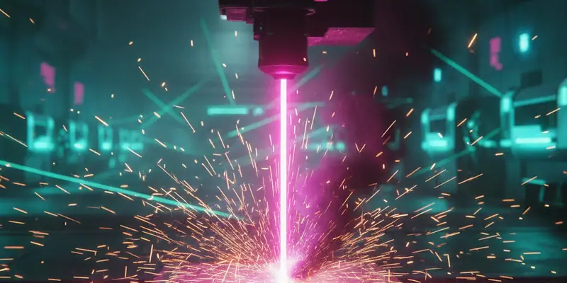 A laser head cutting into a sheet in a shower of sparks