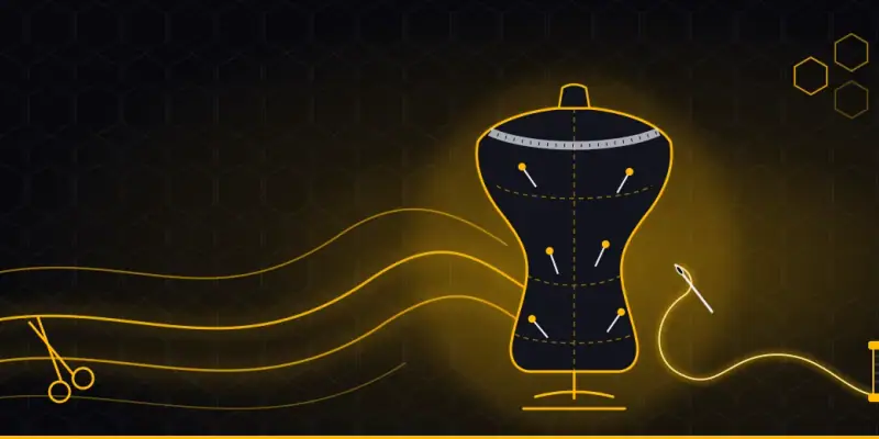 Illustration of a dress form with needle, thread and scissors