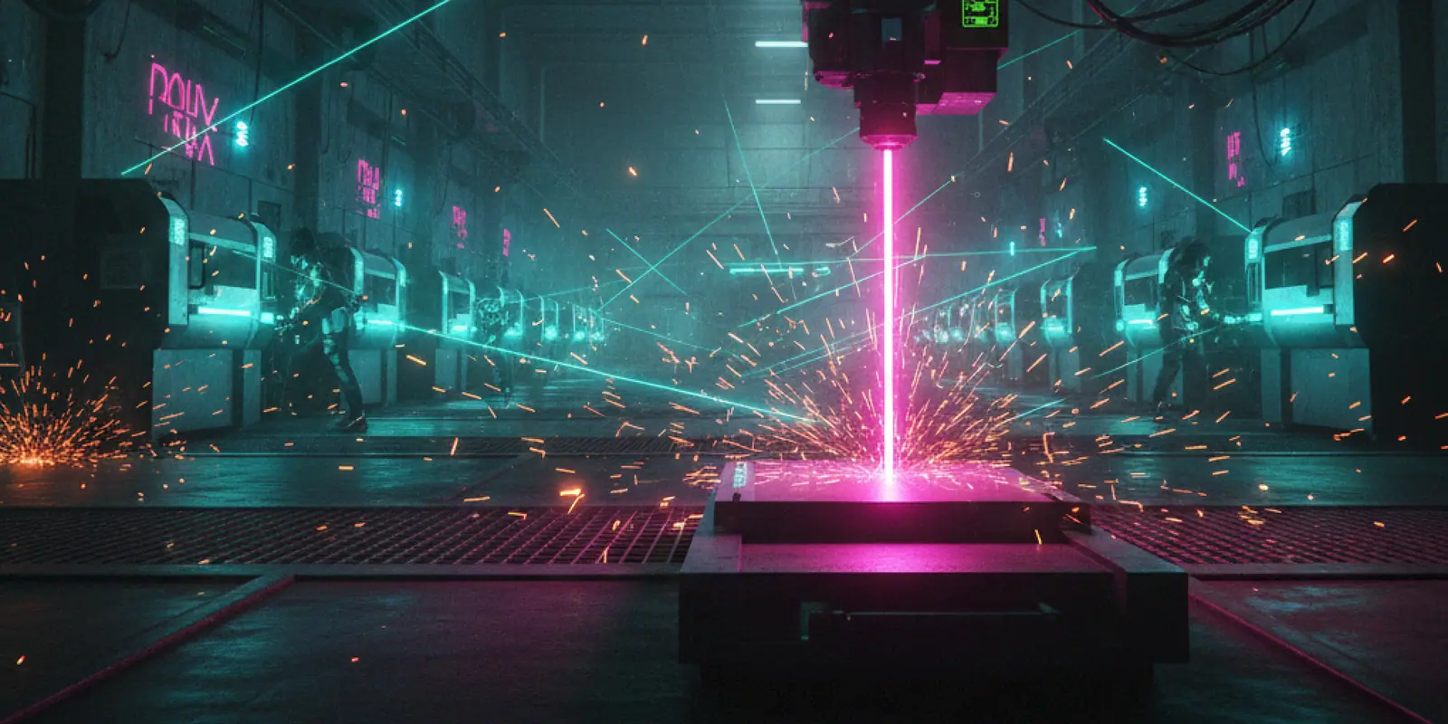 An industrial cutting head throwing sparks across a factory floor