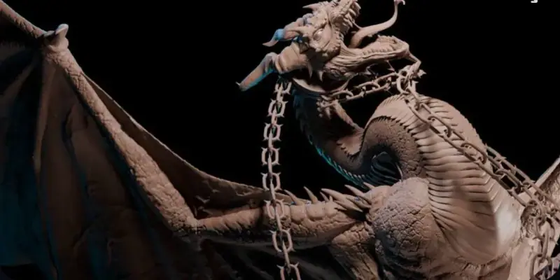 A finely sculpted dragon miniature wrapped in chains