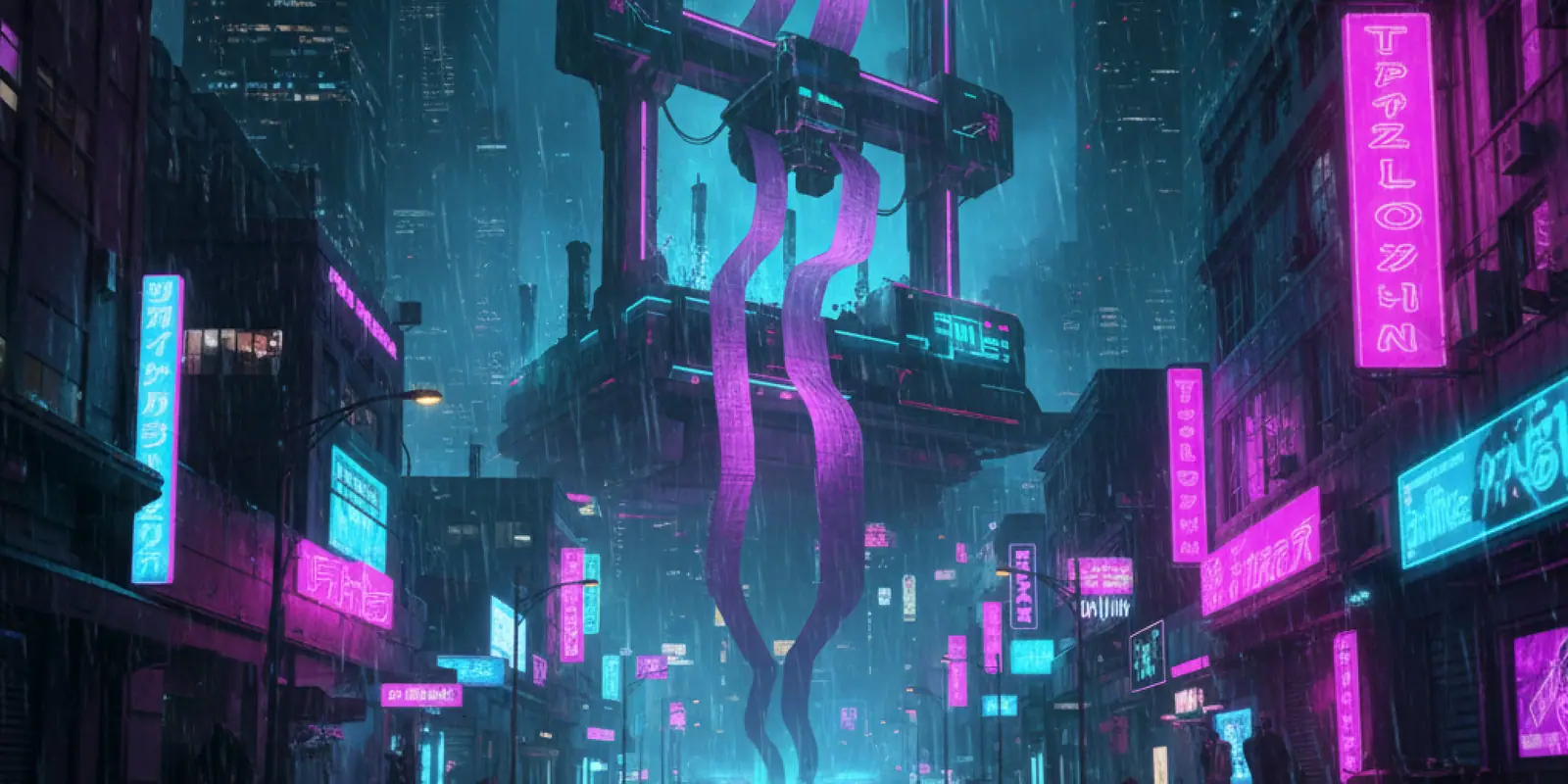 Neon signs lighting a rain-wet city street at night