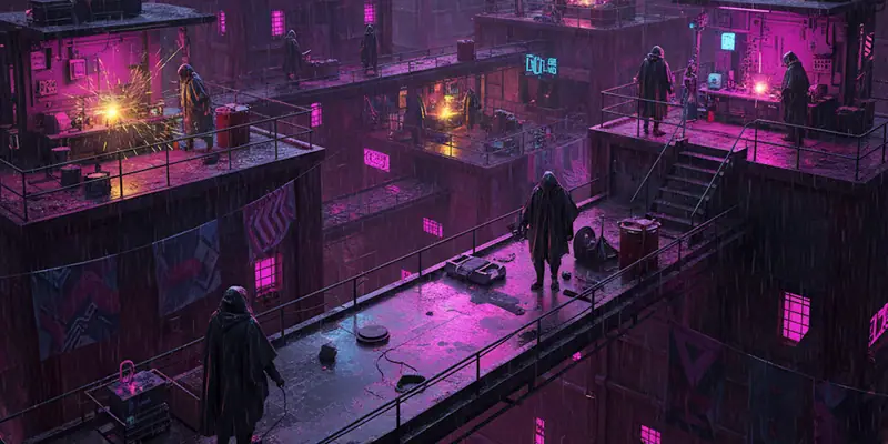 Workshops on city rooftops at night, sparks flying from a bench